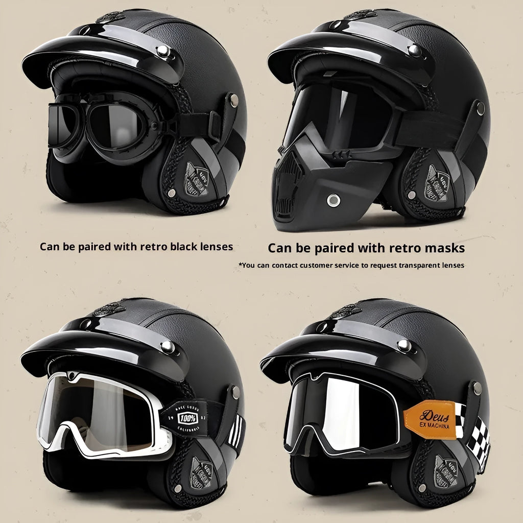 3C certified retro motorcycle helmet in matte black with ABS shell for adult commuting