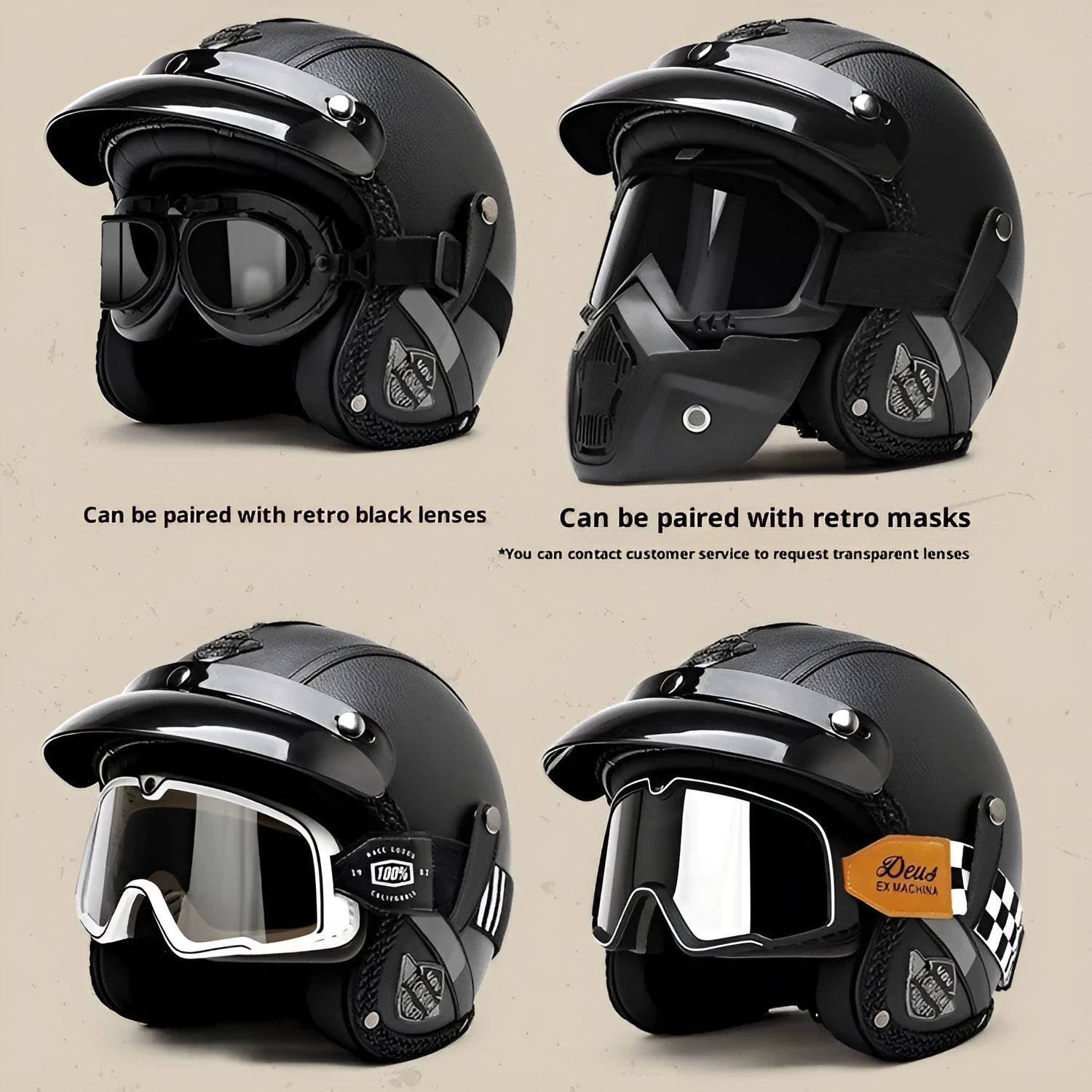 3C certified retro motorcycle helmet in matte black with ABS shell for adult commuting