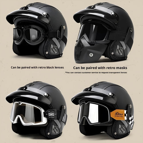 3C certified retro motorcycle helmet in matte black with ABS shell for adult commuting