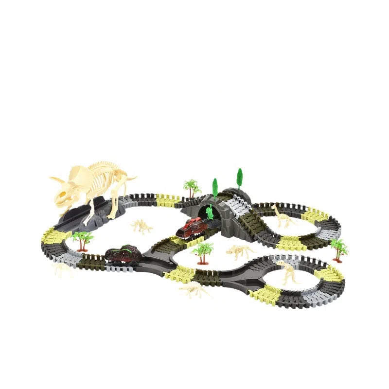 Electric toy DIY assembly skeleton dinosaur track car with 209 plastic pieces on a table