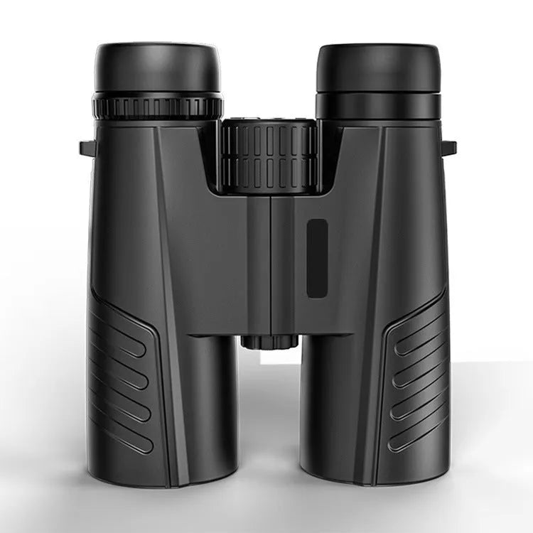 Black 12x42 binoculars with objective lenses and central focus wheel for outdoor sport use