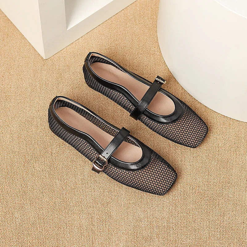 Women's beige mesh flat-heel pump with a square toe and buckle fastening.