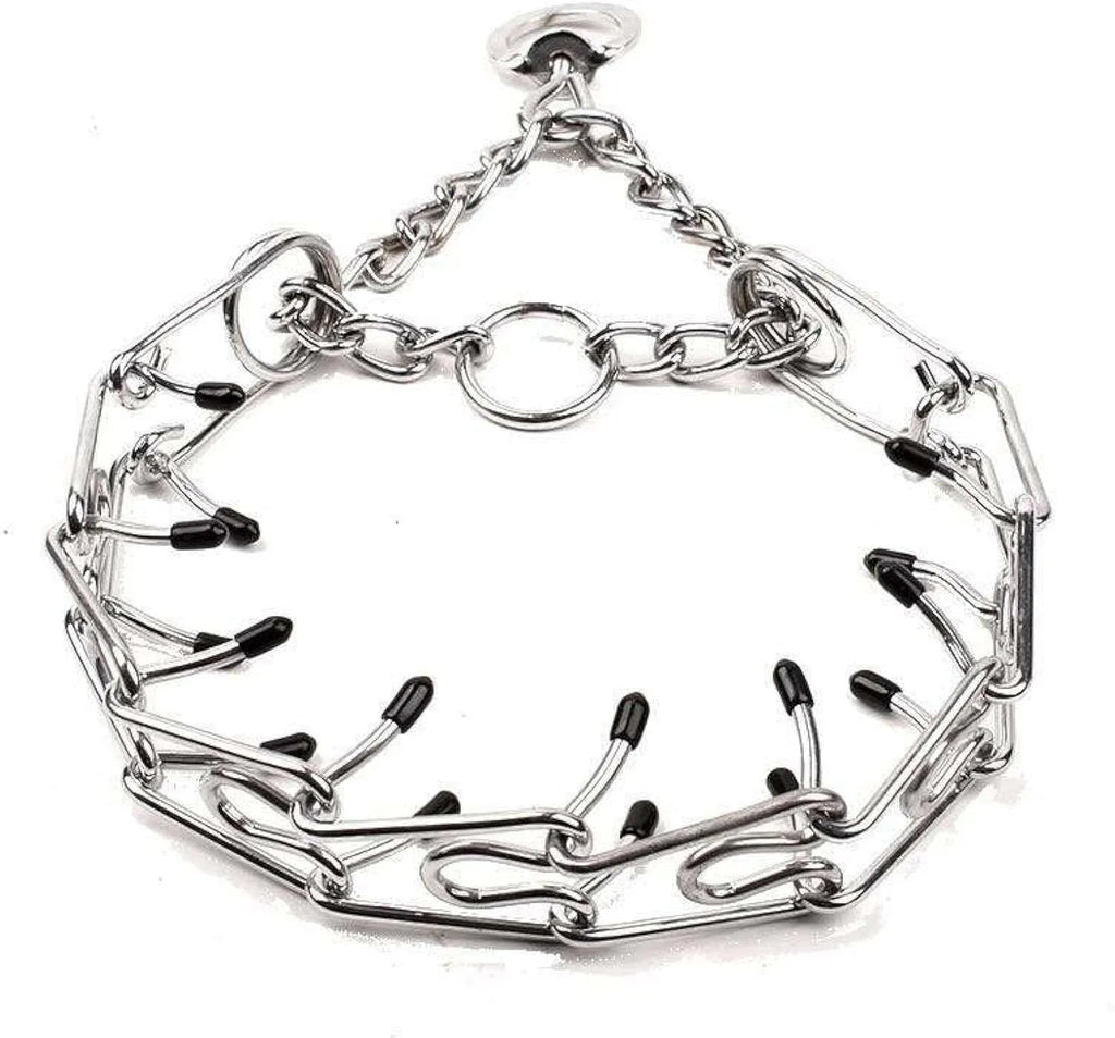 Stainless steel adjustable dog prong collar with black rubber comfort tips shown in various sizes.