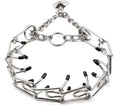 Stainless steel adjustable dog prong collar with black rubber comfort tips shown in various sizes.