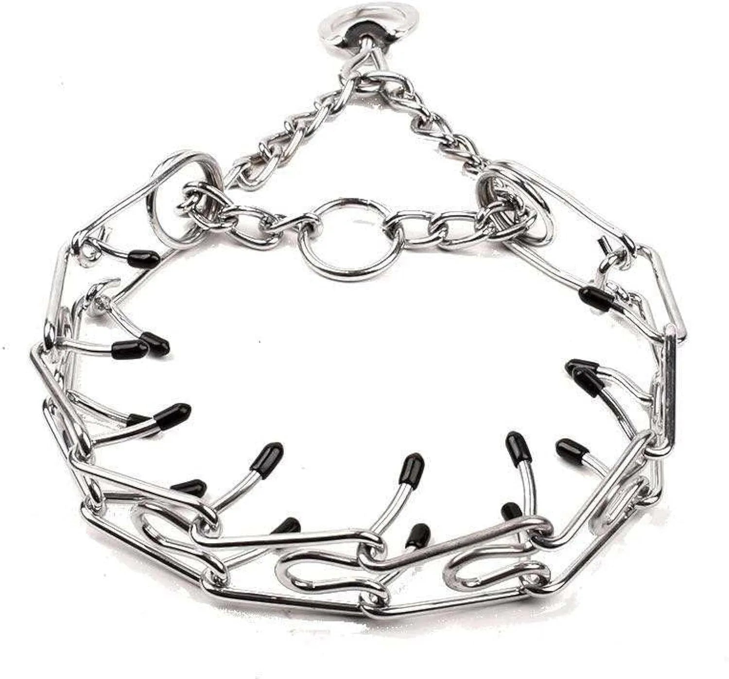 Stainless steel adjustable dog prong collar with black rubber comfort tips shown in various sizes.