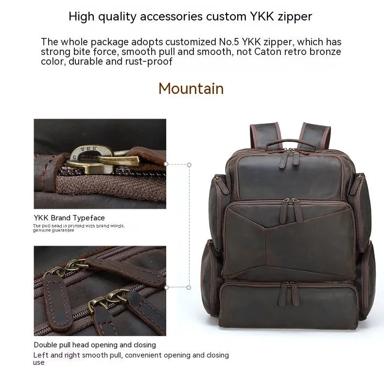 Dark brown men's leather backpack open to show internal compartments for a 17-inch laptop and organisation pockets.