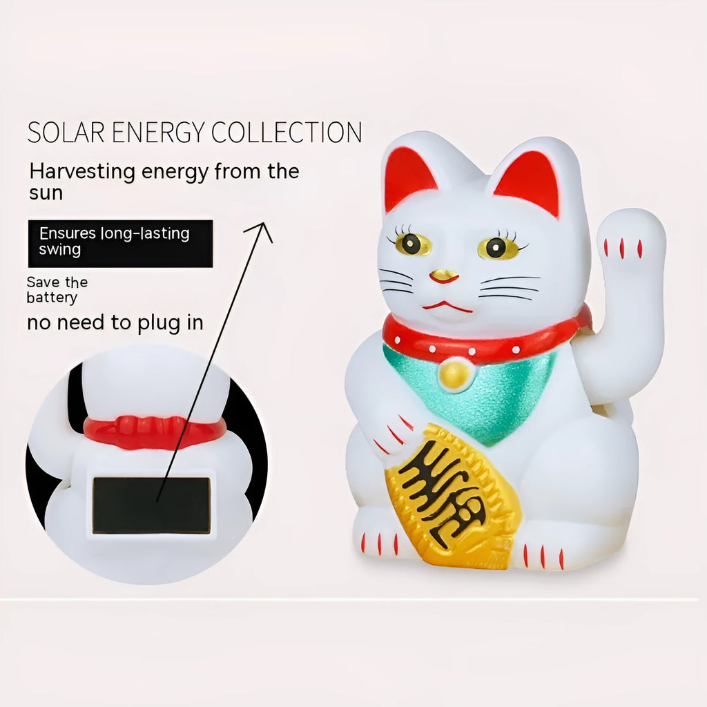 Solar powered Maneki Neko waving cat decoration in black, white or yellow for car dashboard