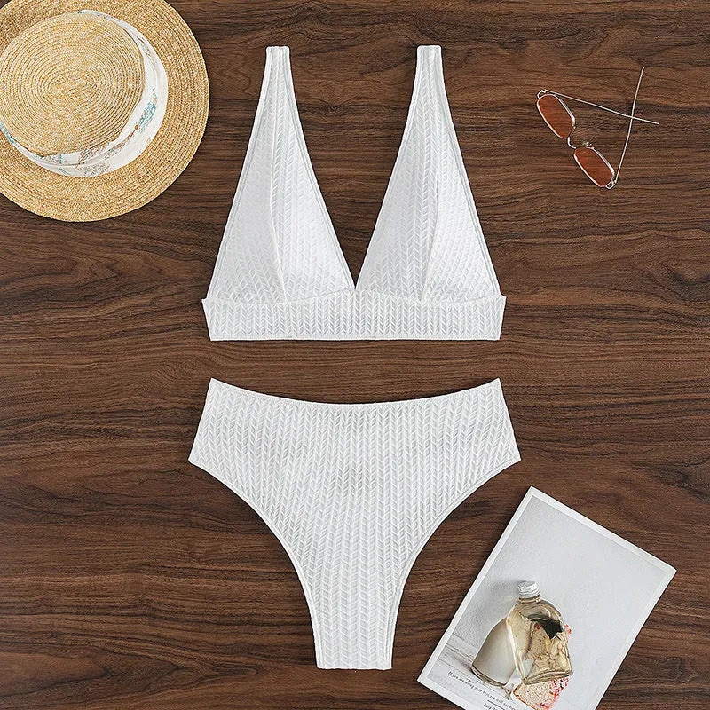White solid colour backless bikini swimsuit for women on beach