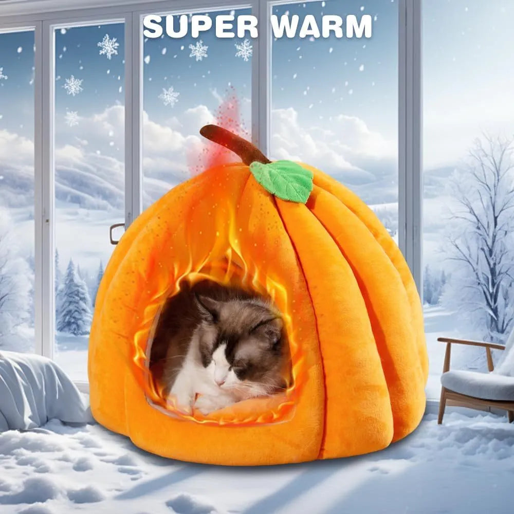 Pumpkin-shaped plush cat cave bed in blue colour with a semi-enclosed entrance.