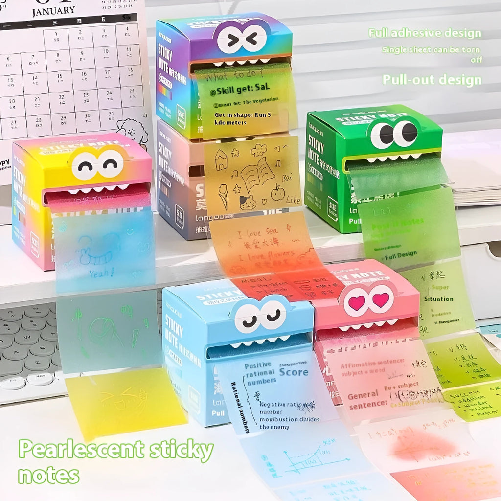 Box of pearl gradient transparent pull-out sticky notes with 105 pages in six colour options.