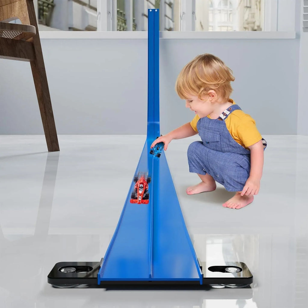 DIY double rail car PVC soft track set with anti-gravity magnetic rails in blue