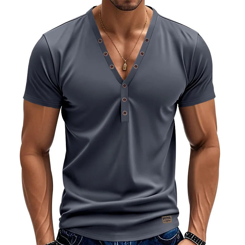 Men's loose fit V-neck pullover top with button design in light blue colour