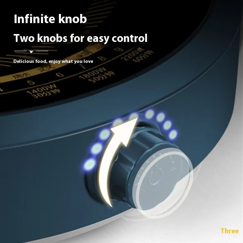 2200W induction cooker with circular 270mm design and knob control interface