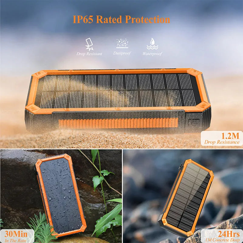 Outdoor solar power bank 30000mAh in orange, black, or blue with built-in light, 160 x 75 x 26mm