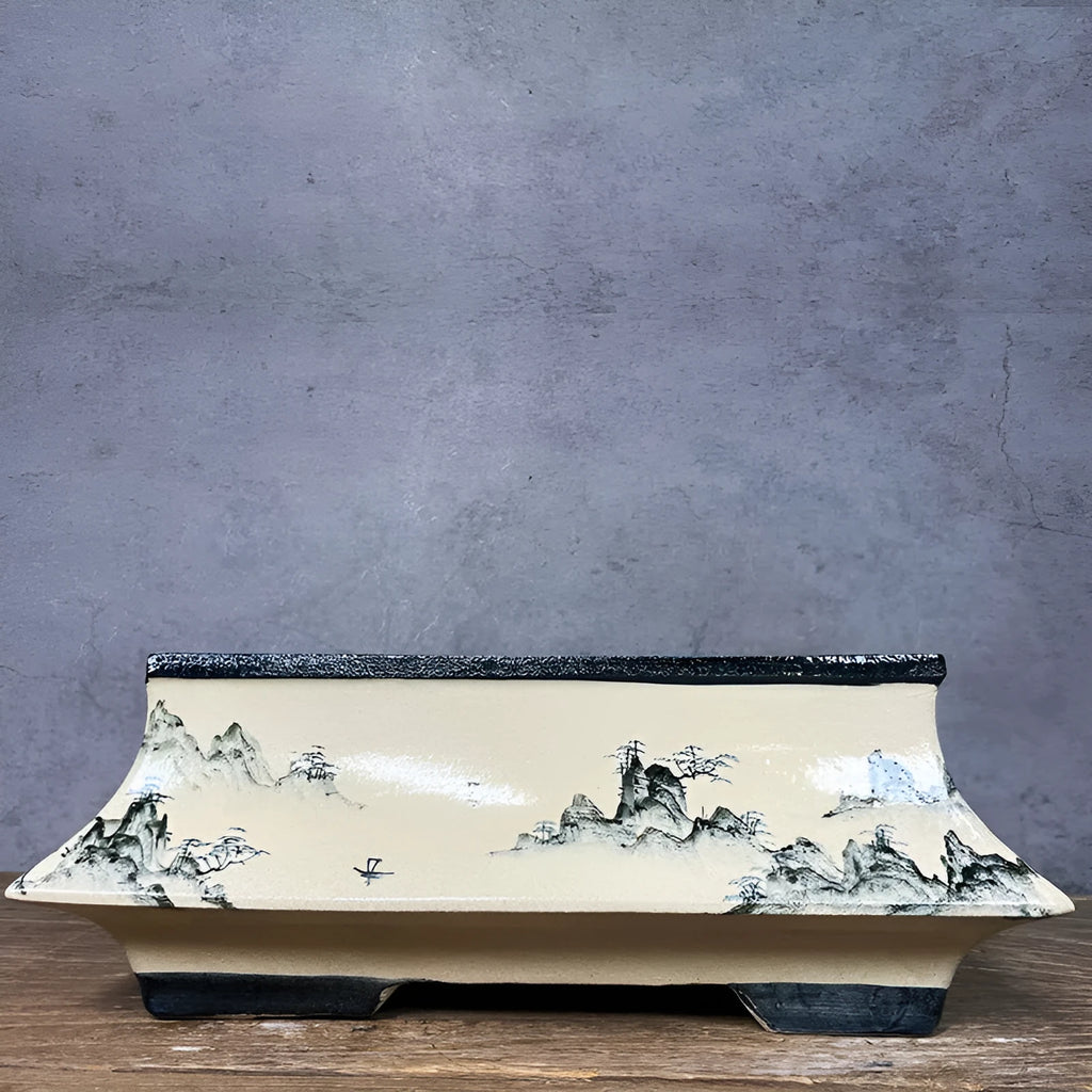 Handmade glazed ceramic flower pot with blue and white hand drawn Chinese style pattern, 34cm size