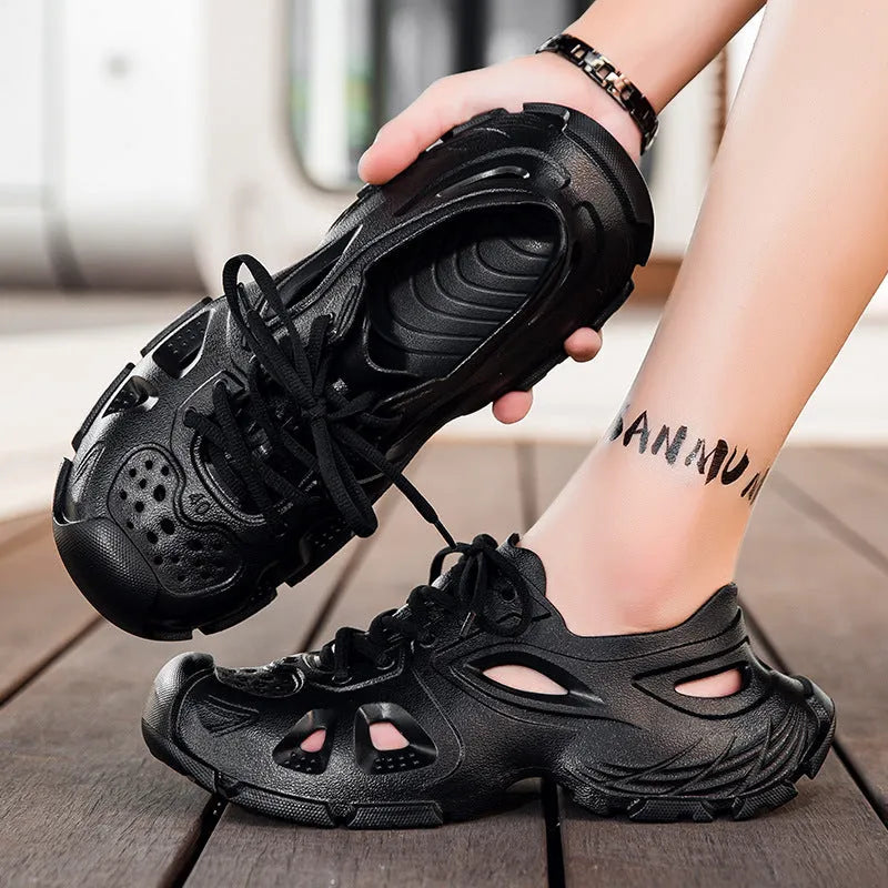 Men's lace-up outdoor sandals in black with round toe design and front adjustment laces