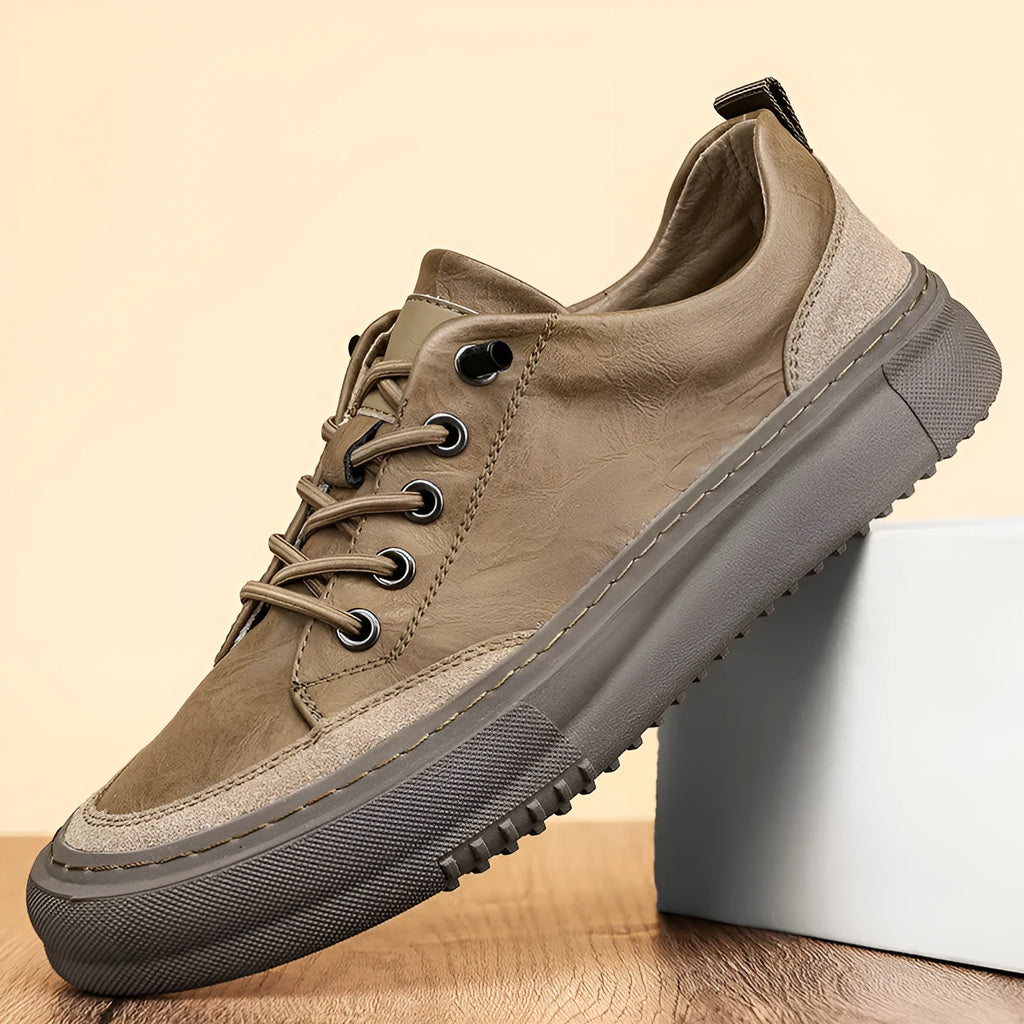 British round toe men's leather shoes in black or khaki with microfiber upper and rubber sole