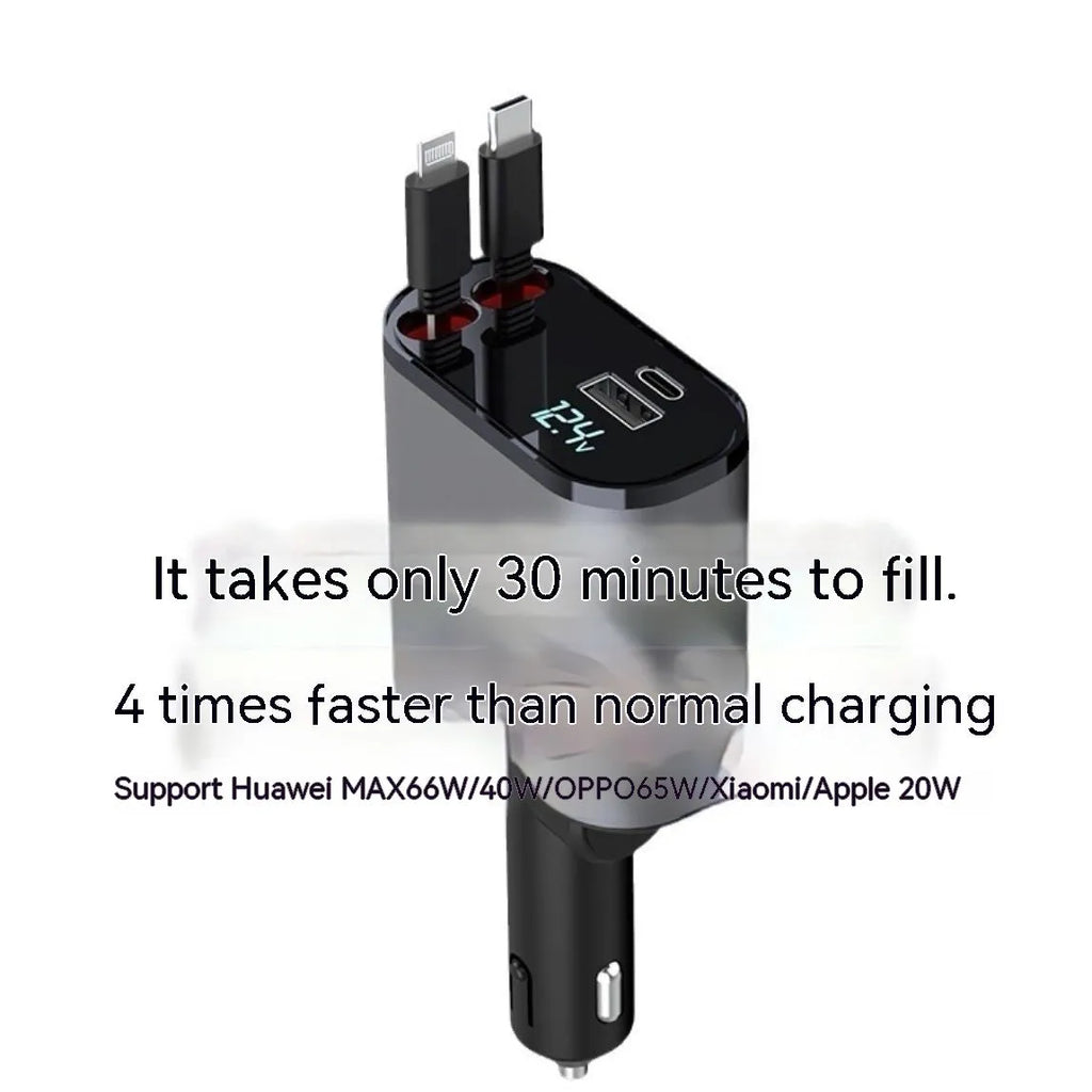 Automatic retractable car charger with fast-charging plug inserted into a vehicle cigarette lighter socket.