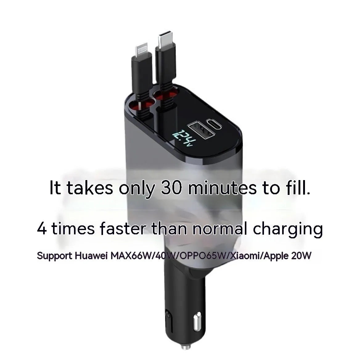 Automatic retractable car charger with fast-charging plug inserted into a vehicle cigarette lighter socket.