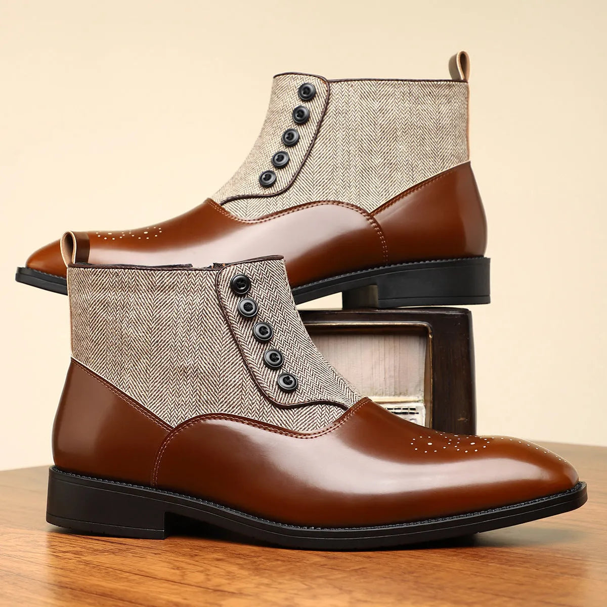 Men's brown retro formal leather shoes with side zipper and square toe on a plain background.