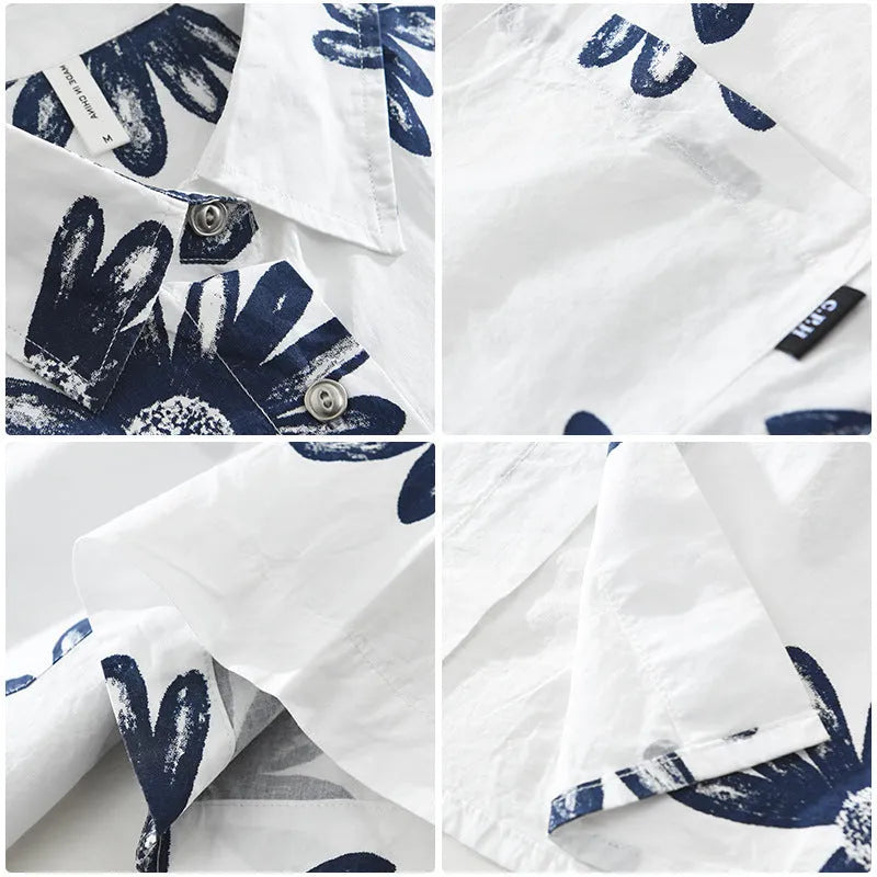 Japanese printed short sleeve shirt in cotton blend fabric showing loose cardigan style