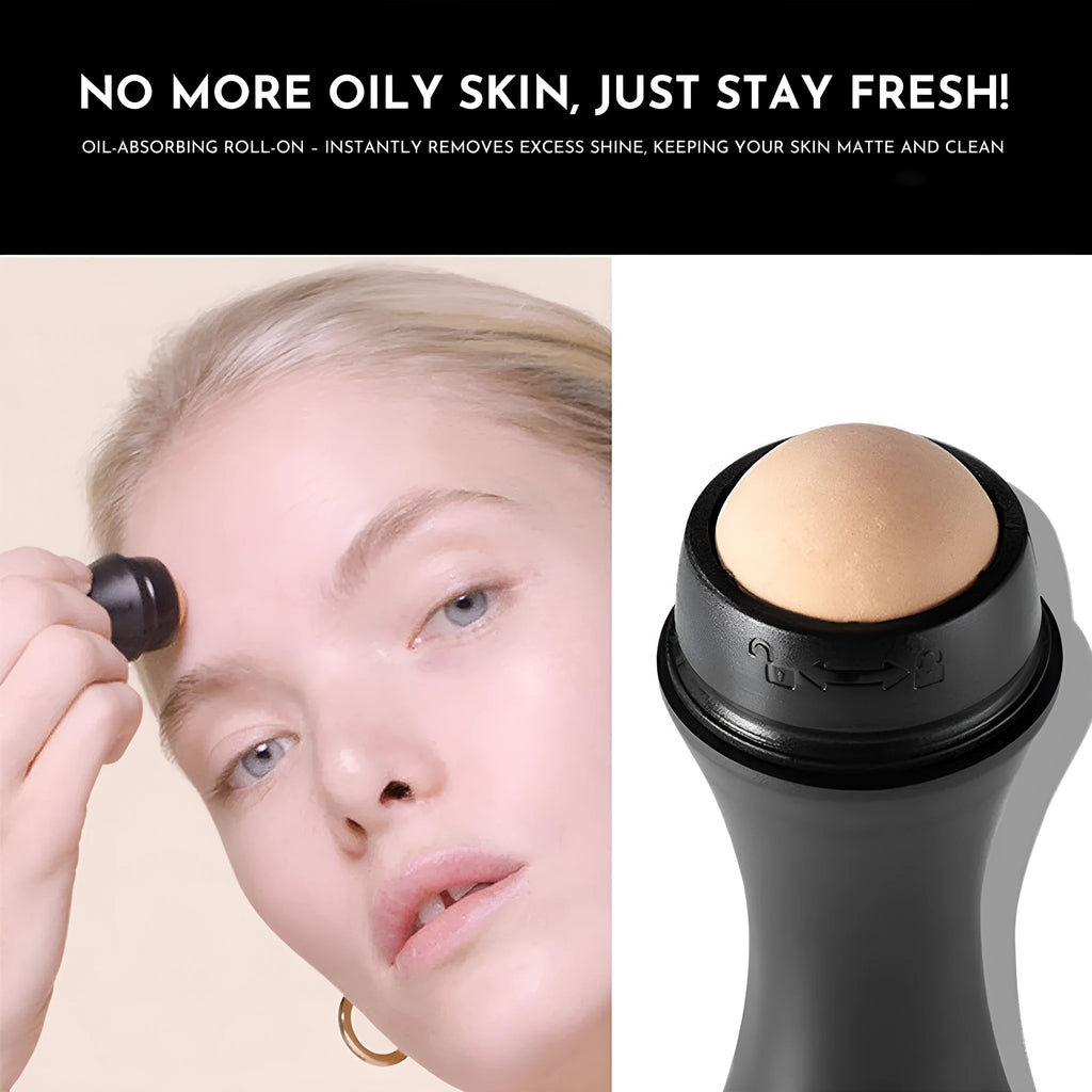 Volcanic stone facial roller for oily skin control in black, green, pink, or white.