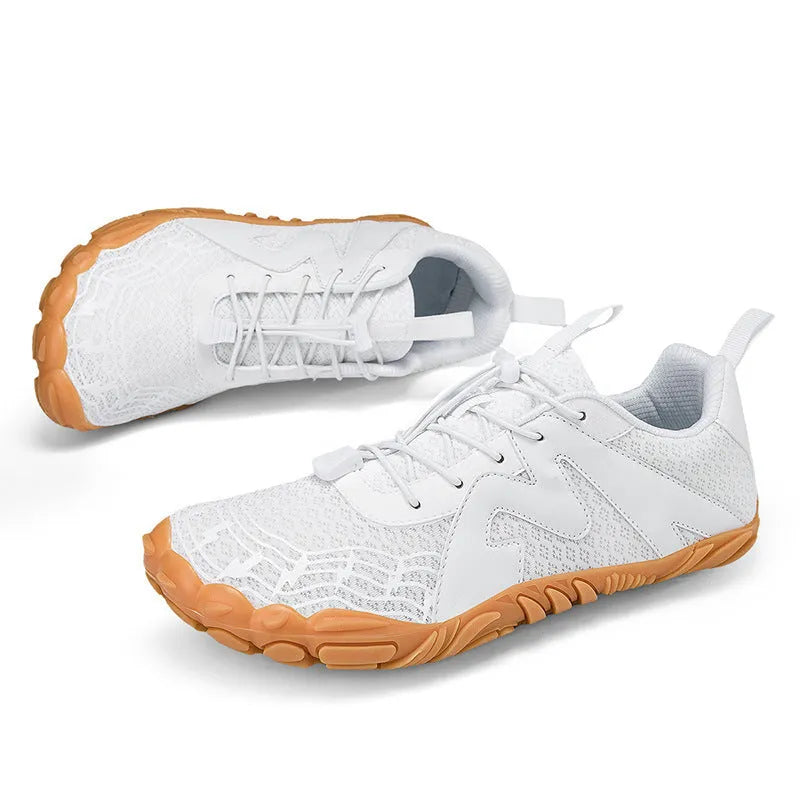 A pair of sports climbing shoes with a breathable Flyknit lining and rubber outsole.