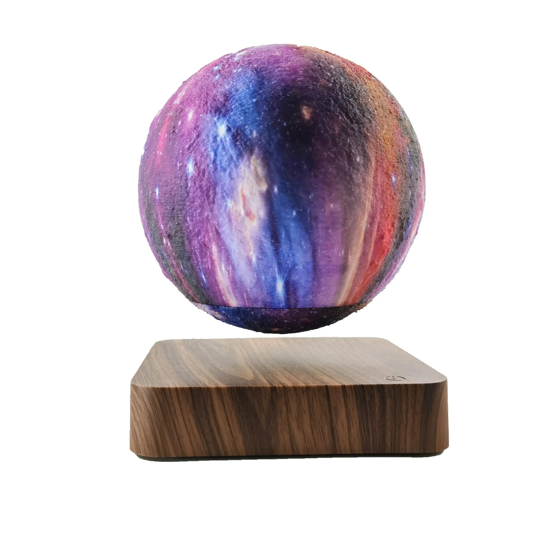 Square walnut coloured levitating moon lamp with galaxy light effect rotating above a circular base.