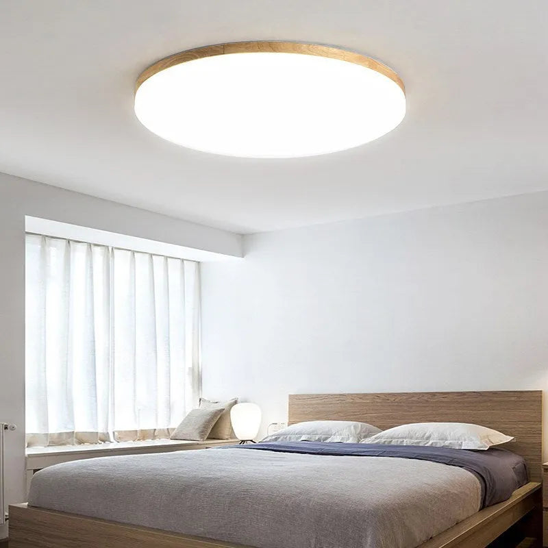 Japanese minimalist ceiling lamp with wood art body and acrylic shade in three size options