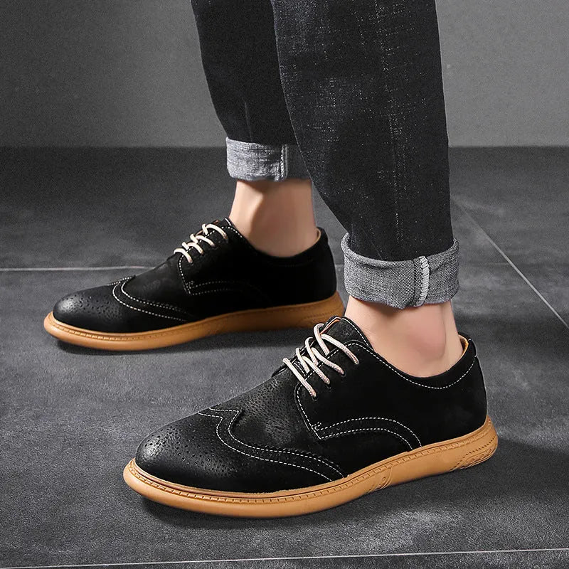 Men's black leather business shoes with lace-up design and rubber soles