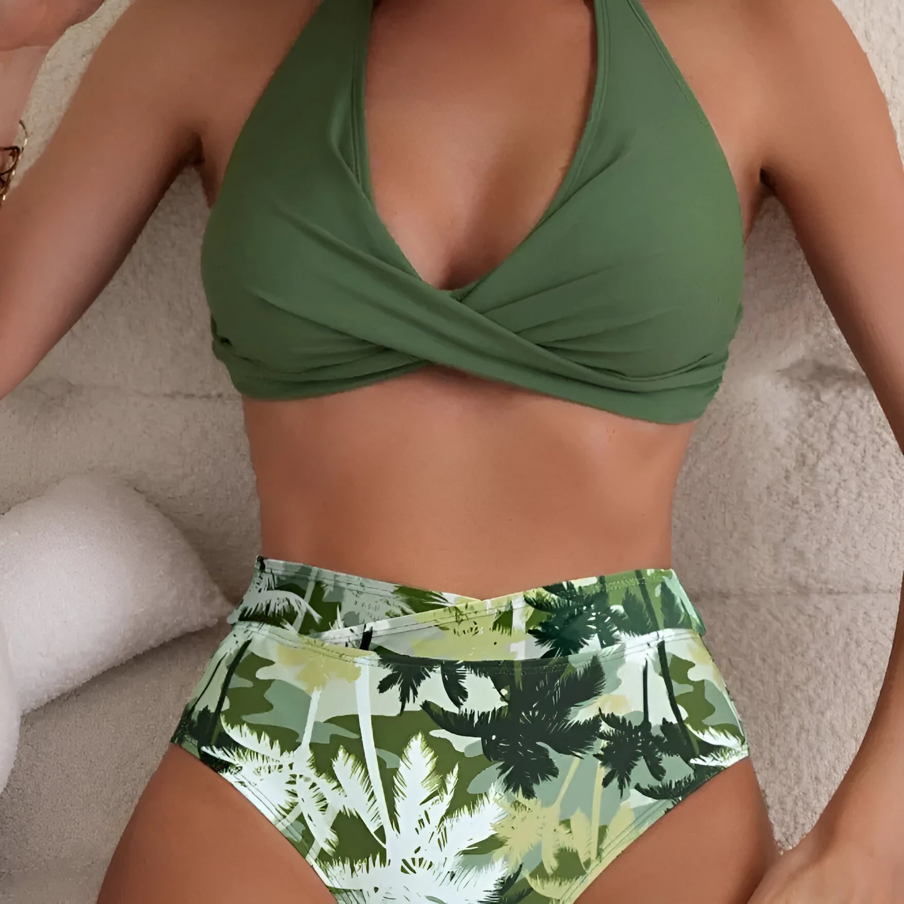 Women's high-waist brief swimsuit in solid colour options of black, green, lavender, peacock green, or blue.