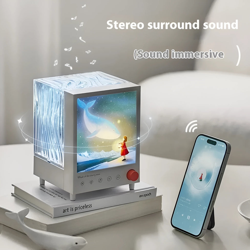 Aurora treasure box shaped projection lamp showing star sea whale light pattern.
