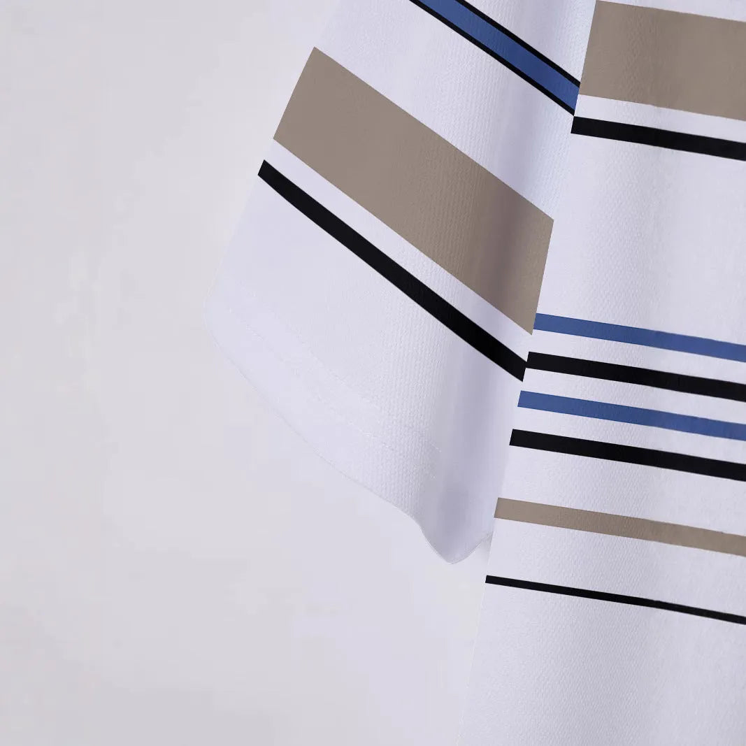 Men's white striped polyester t-shirt with short sleeves and loose slim fit for summer casual wear