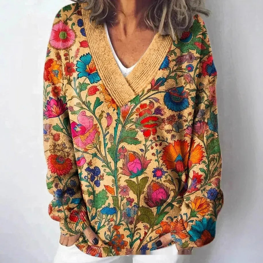 Women's V-neck sweatshirt with 3D floral pattern in art retro style, long sleeves, pullover design