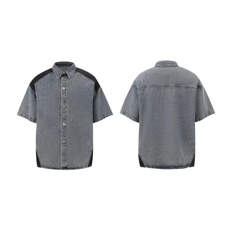 Retro washed denim short-sleeved jacket and full-length trousers co-ord set in blue.