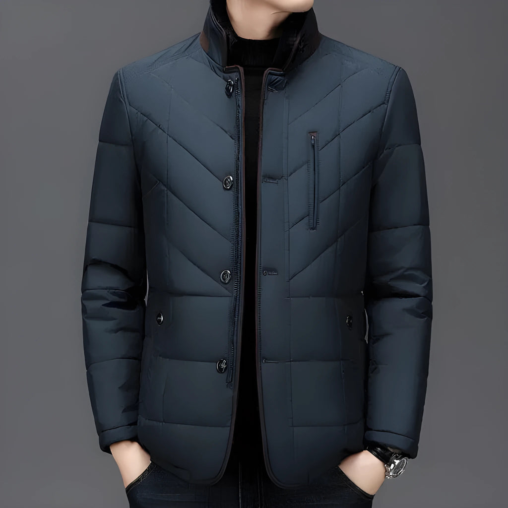 Men's solid colour winter coat with side pockets in dark blue, shown on a hanger.