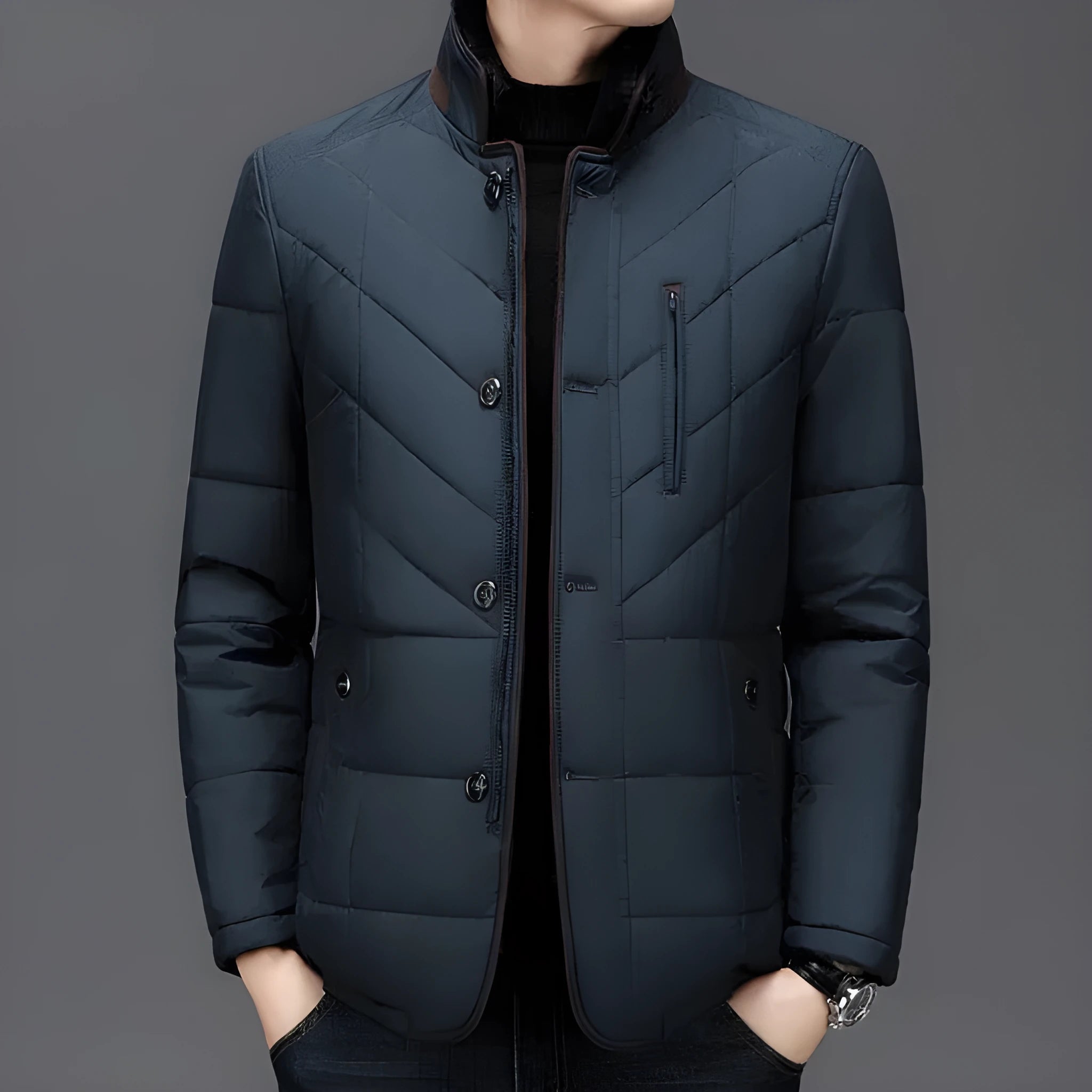 Men's solid colour winter coat with side pockets in dark blue, shown on a hanger.