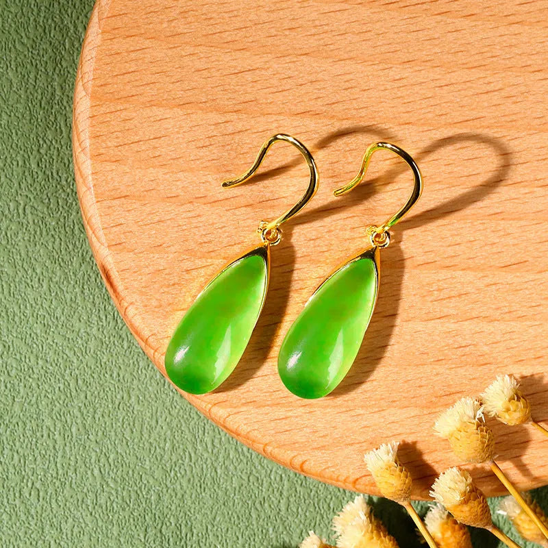 Copper geometric water droplet earrings with electroplated jade colour, Chinese retro style.