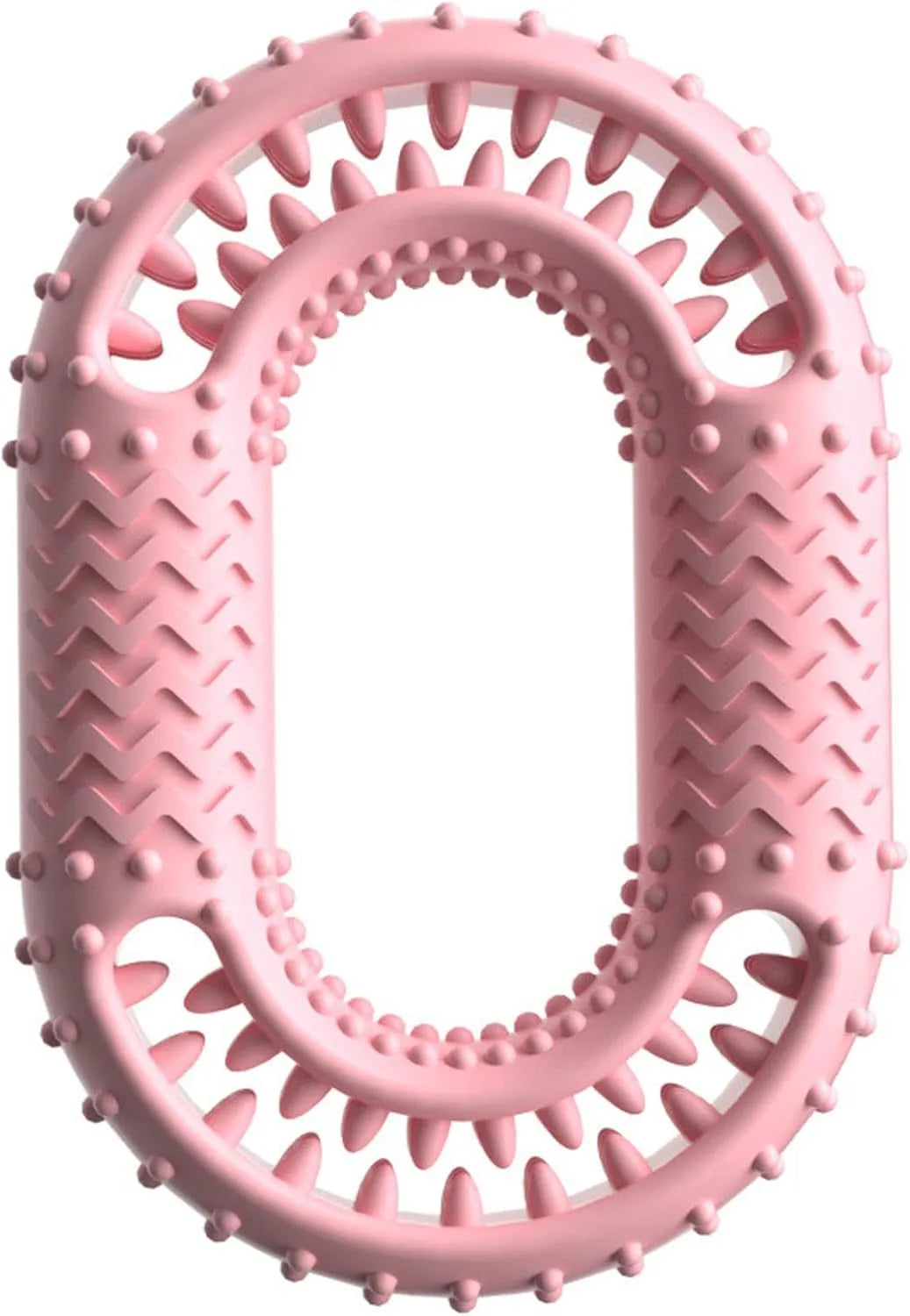 Blue, green, and pink O-ring shaped heavy chew resistant dog toy for aggressive chewers.