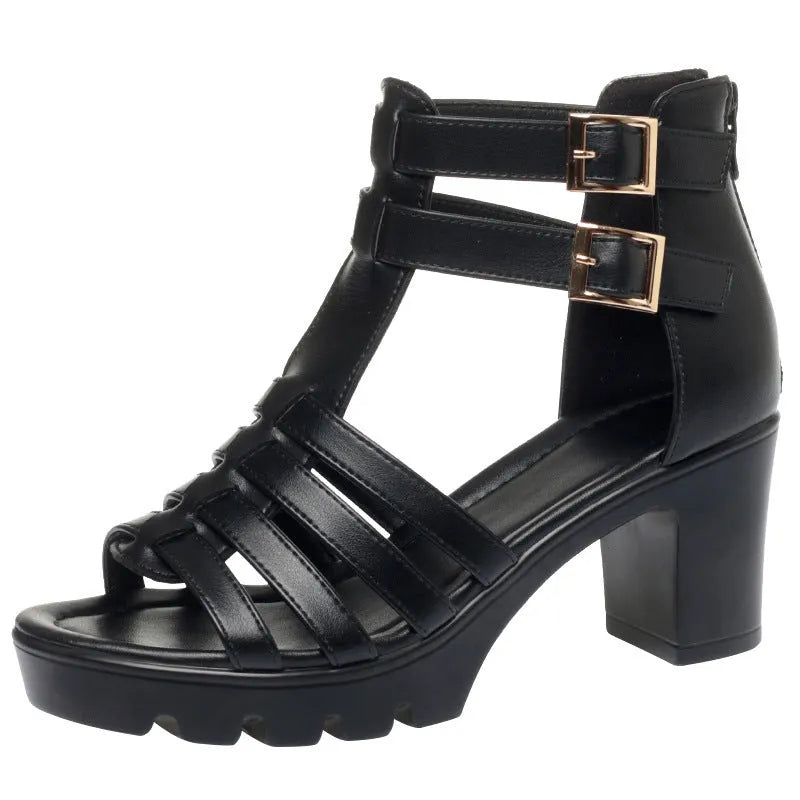 Women's hollow-out high heels with rhinestone decoration in beige and black colours with buckle fastening