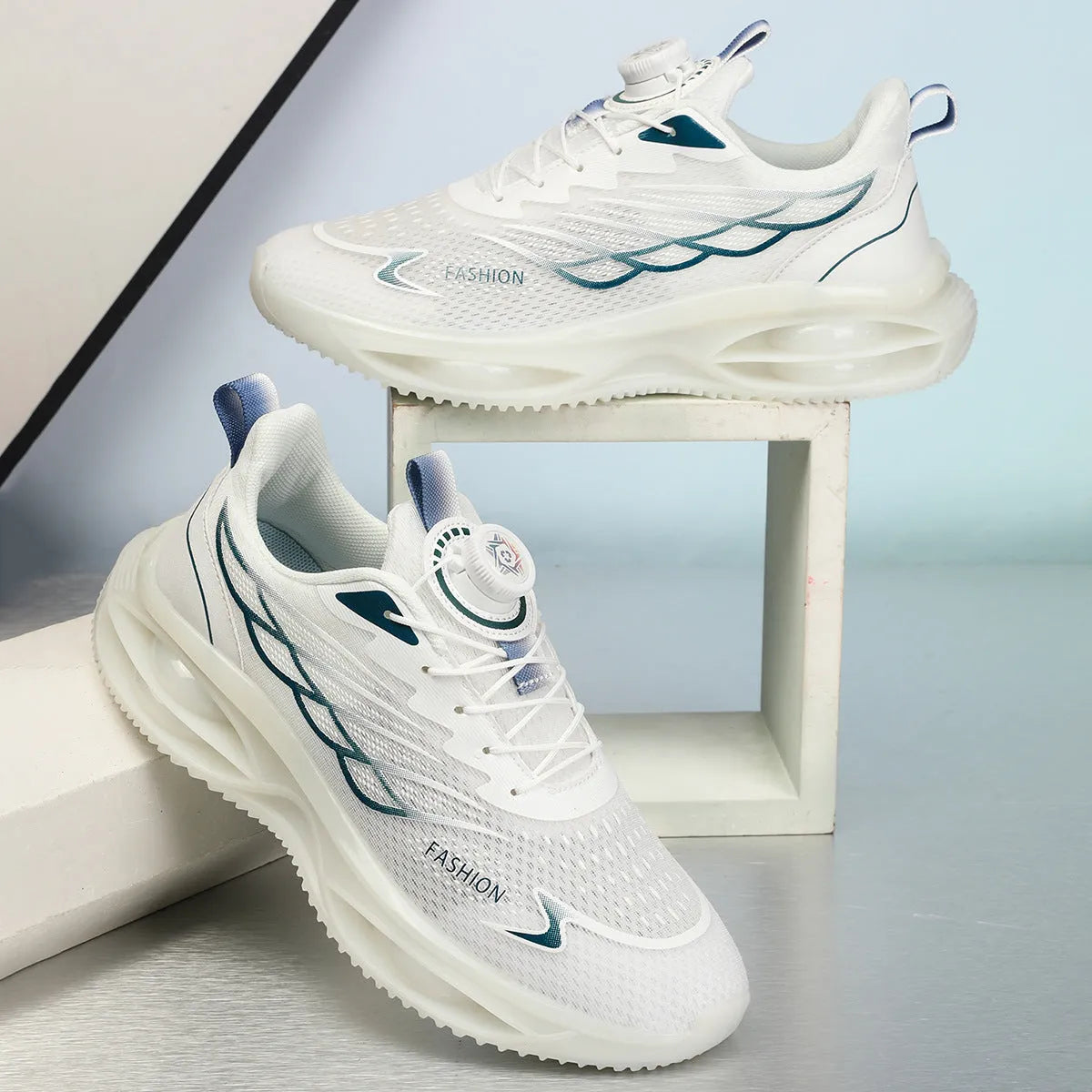 Casual low top running shoes in sky blue with a PU mesh upper and rubber sole.