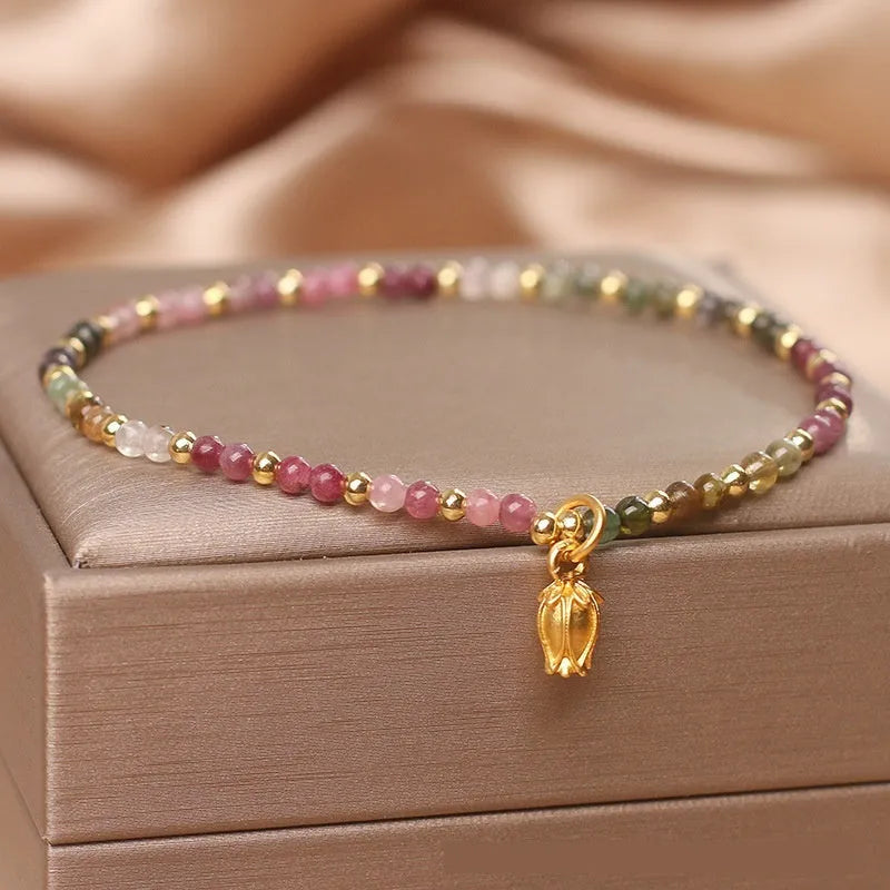 Natural Tourmaline floral bead anklet for women shown as both ankle chain and bracelet