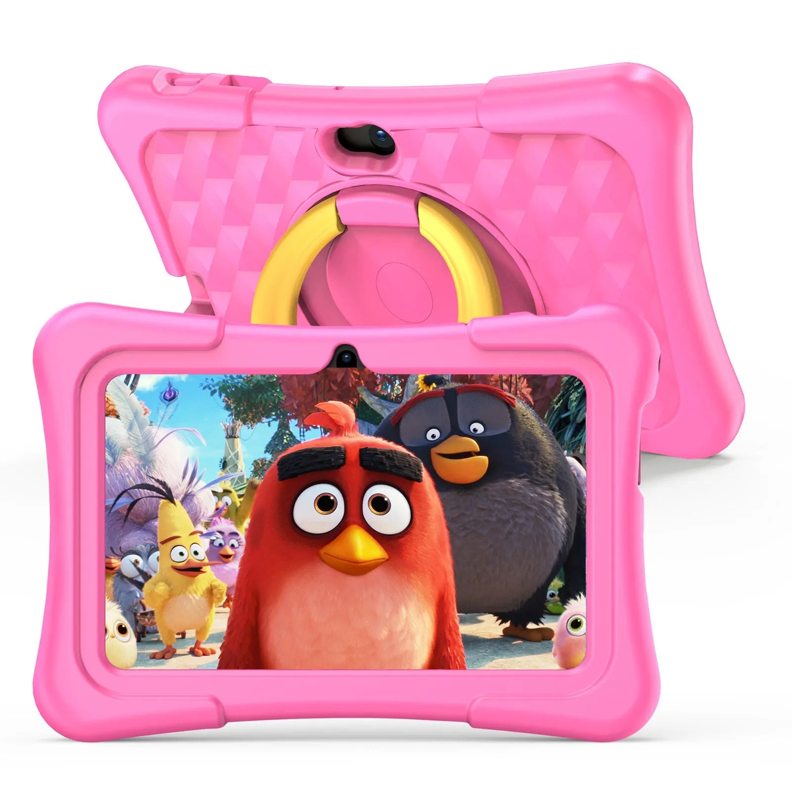 Blue 7-inch children's tablet with a silicone protective cover and a white rotating handle bracket attached.
