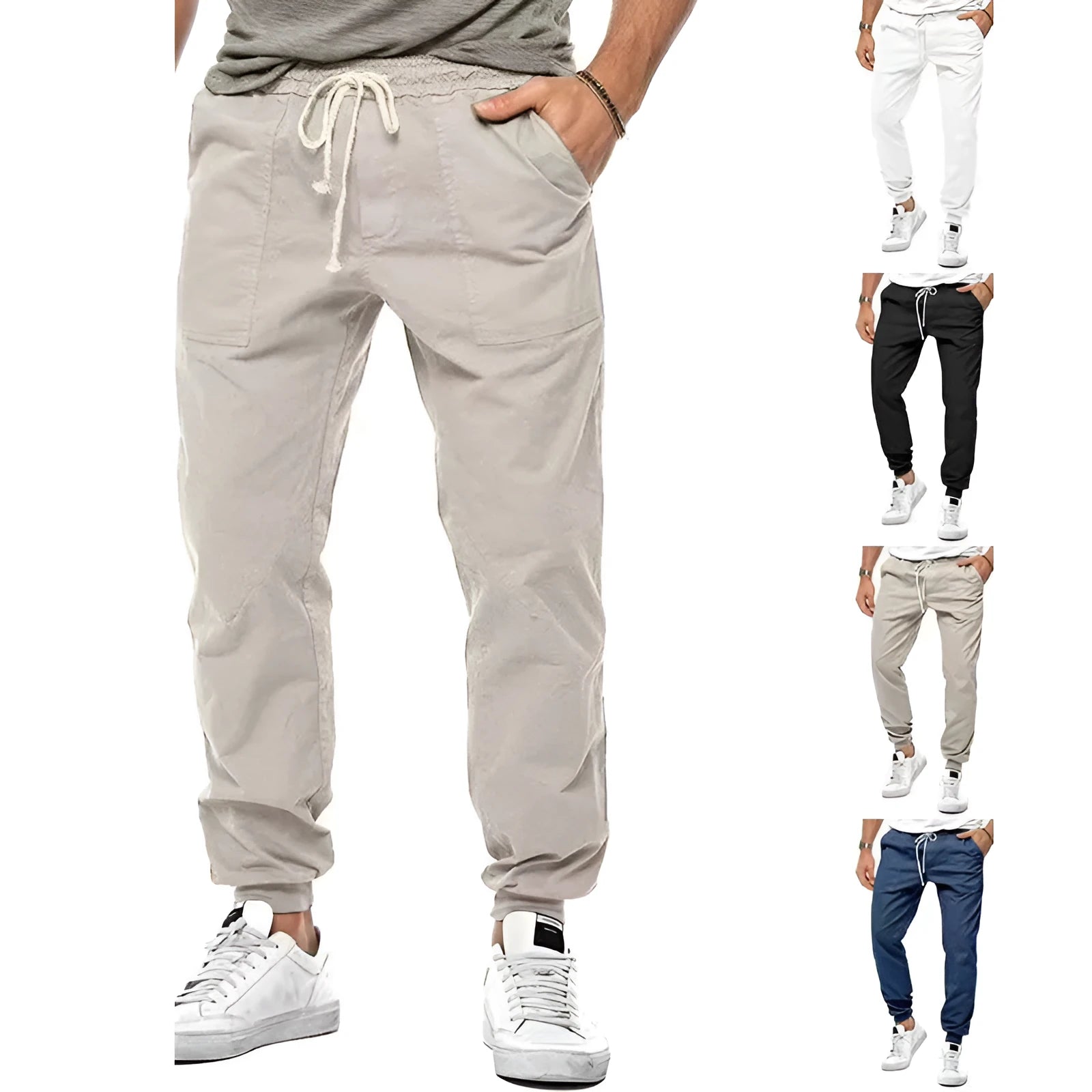 Men's loose tapered casual trousers with drawstring waist and ankle bands in solid colour