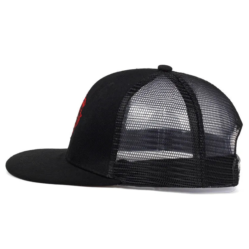 Cotton baseball cap with lion face embroidery in black color adjustable size