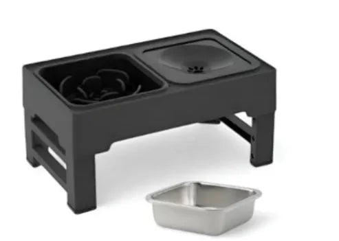 Adjustable height black dog feeding stand with two stainless steel bowls on non-slip base