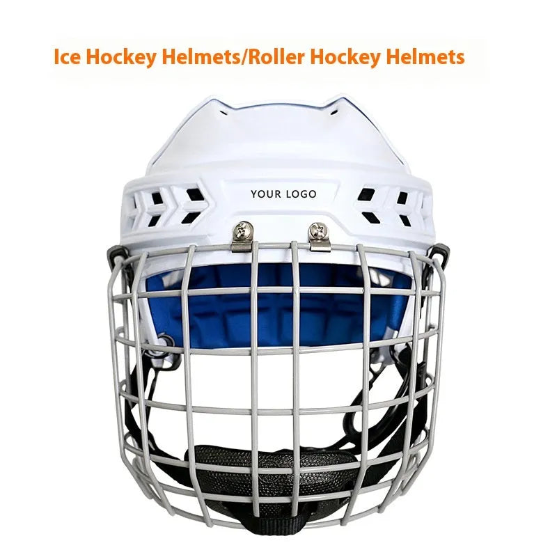 Ice hockey helmet with an integrated carbon steel face mask shown in size L.