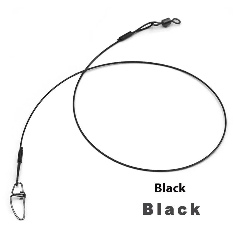 Set of steel wire fishing leaders in black, green, and red with double buckle pins.