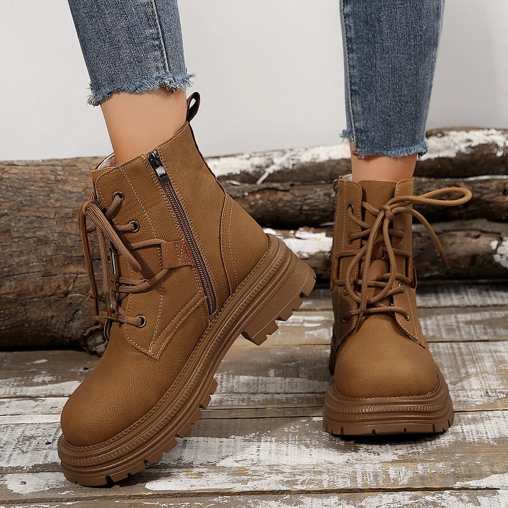 Women's square-heel lace-up ankle boots in black and brown with microfiber upper and rubber sole