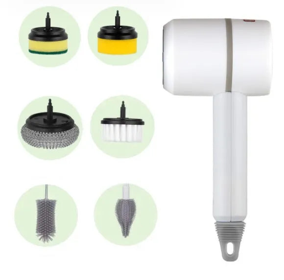 White electric cleaning brush with rotating scrub head and separate scouring pad attachment
